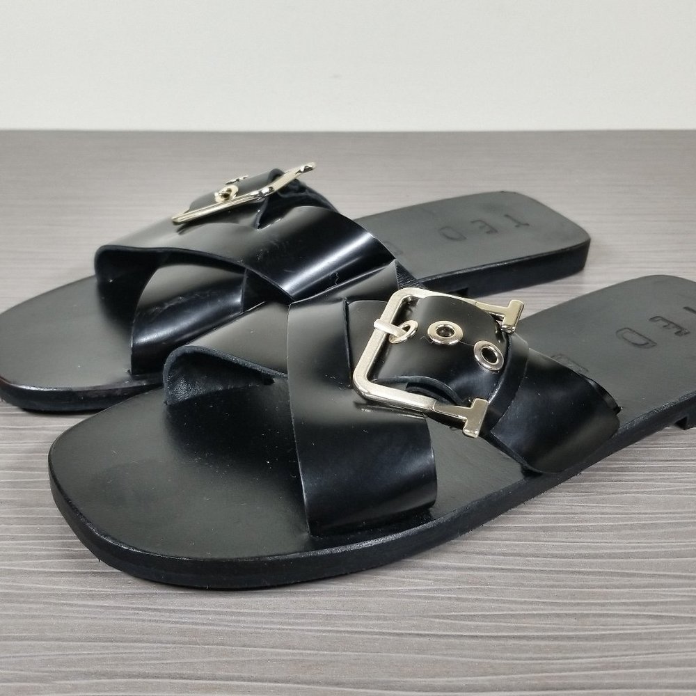 Ted Baker London Large Buckle Slide Sandal, Black Leather, Womens Size 6 US / 36